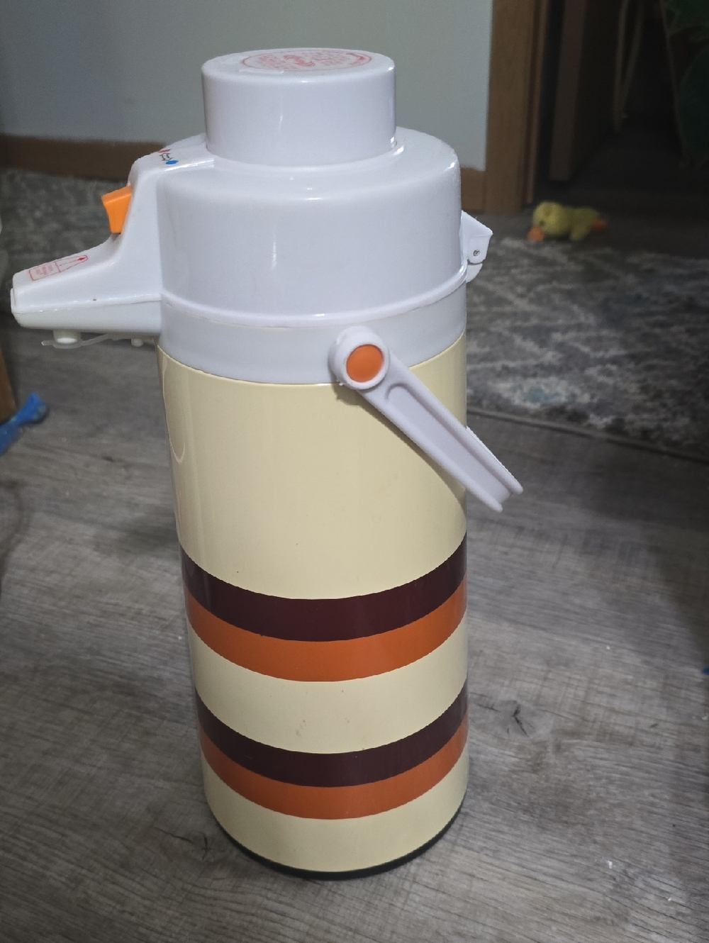 VINTAGE 1970'S Cream, Brown and Orange Striped Vacuum Flask - Home Dining